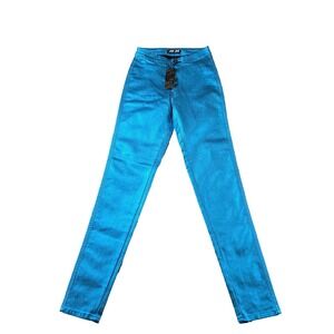 JC JQ Women's Pants Slim Fit Mid Rise Stretch Metallic Blue Disco Hot Pants XS